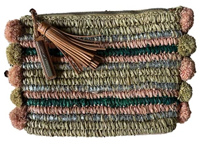 Loeffler Randall Raffia pom pom straw woven clutch Beige Metallic Wristlet - Picture 1 of 16