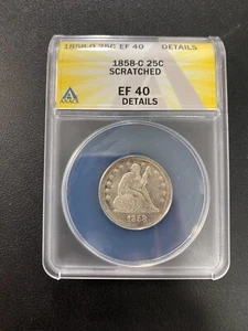 1858 O SEATED LIBERTY QUARTER ANACS XF-40 DET - SEATED TYPE COIN - SLABBED - 25C - Picture 1 of 2