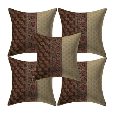 Indian Silk brown off white Elephant Cushion Cover Throw Pillow 16x16set of 5 Pc - Image 1 of 4