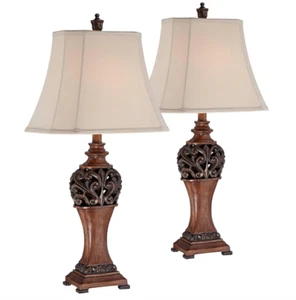 Set 2 Pair Bronze Table Lamps Leaf Creme Shade Beautiful Carved Scroll 30" H - Picture 1 of 6