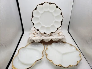 Vintage 3 piece Milk Glass Serving Dishes Deviled Egg, Relish Plates, Gold Trim - Picture 1 of 11