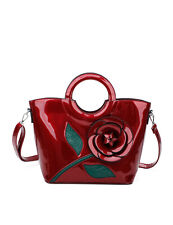 New Women Large Shiny Patent Leather 3D Floral Shouder Bag Tote Shopper Handbag