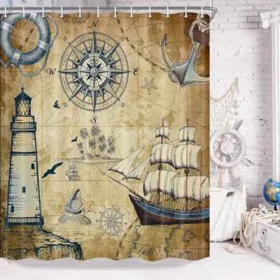 Nautical Retro for Man Fabric Shower Curtain Extra Long 84 Inch 72x72" Bathroom - Image 1 of 4