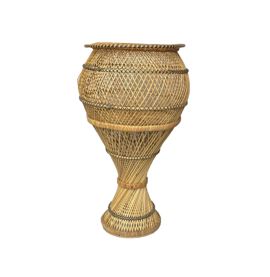 Vintage Woven Wicker Rattan Bamboo Pedestal Round Plant Stand - Nice!! - Image 1 of 3