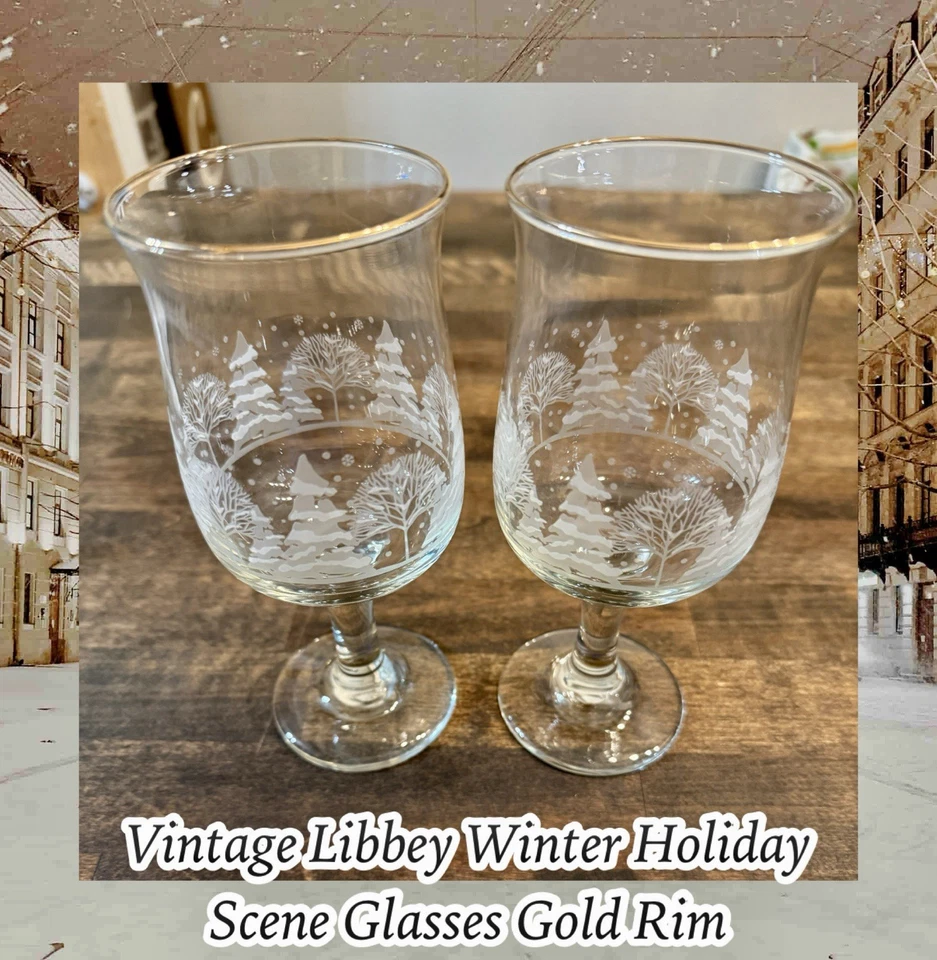 Vintage Pair of Libbey Winter Holiday Scene Etched Glasses Gold Rim - Image 1 of 4