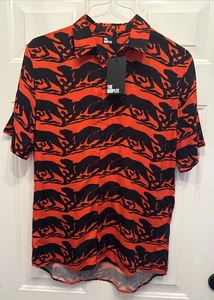 Camisa manga corta The Kooples negra y roja-naranja con botones estampado de pantera S (M9) - Imagen 1 de 7