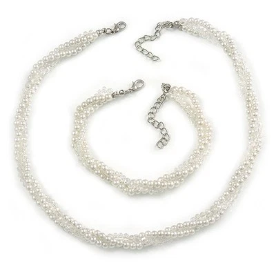 3 Strand Faux Pearl and Clear Glass Bead Twisted Necklace & Bracelet Set In - Image 1 of 4