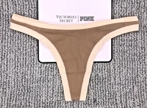 Victoria's Secret PINK NWT Small Beige Seamless High Leg Thong Panty Logo - Picture 1 of 10