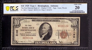 1929 $10 FIRST NATIONAL BANK NOTE CURRENCY BIRMINGHAM ALABAMA PCGS B VF 20 - Picture 1 of 2
