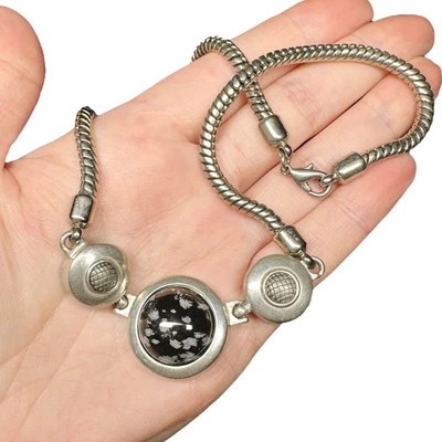 Ben Amun Modernist Black Stone Cabochon Necklace Triple Circles Silver Tone 16” - Image 1 of 4