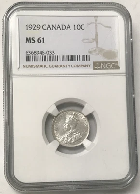 1929 Canada 10C 2.32g .925 Silver Dime - NGC MS61 - Image 1 of 4