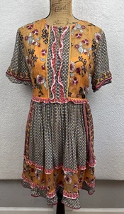 Anthropologie Seen Worn Kept Dress Gold Floral Tiered Ruffle Sheer Boho Size Med - Picture 1 of 22