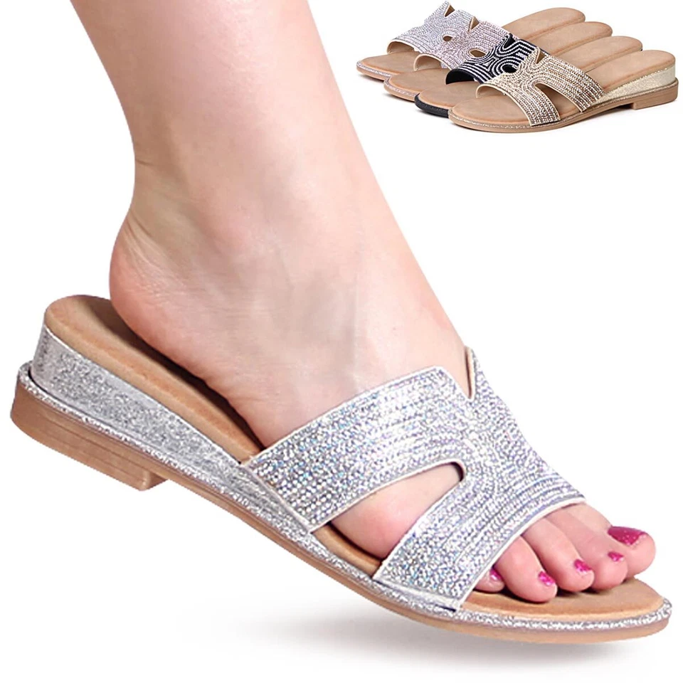 Damenschuhe Glitzer Pantoletten Keilabsatz Sandalen Sandaletten Mules Slipper  - Bild 1 von 1