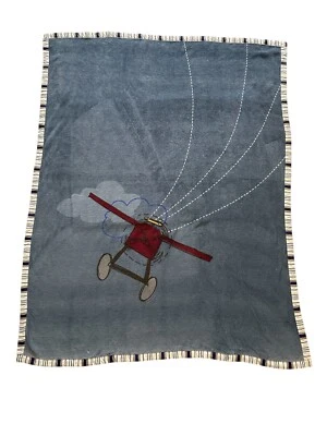 Manta azul roja nube avión volador rayas ribete niños retirado *LEER* Foto 1 de 4