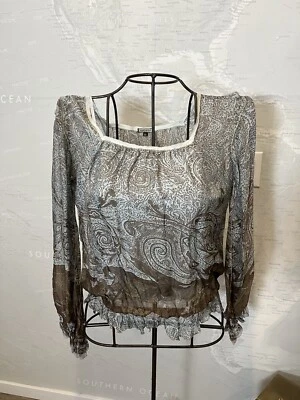 Rozae Nichols 100% шелк кристалл пейсли печать блузка коричневый baby синий XL - Изображение 1 из 4