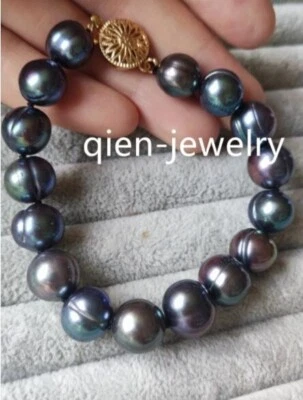 Impresionante AAA+ 11-12mm Negro Barroco Tahití Perla Pulsera 7.5-8" Oro 14k Foto 1 de 4