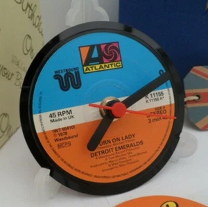 An upcycled Original Vinyl Record 4" Desk Clock - DETROIT EMERALDS (Soul Band) - Picture 1 of 7