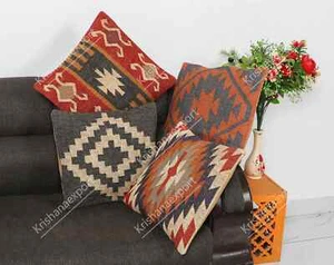 Set of 4 Natural Jute Handmade 18x18 Inches Cushion Covers Antique Look Colorful - Picture 1 of 6
