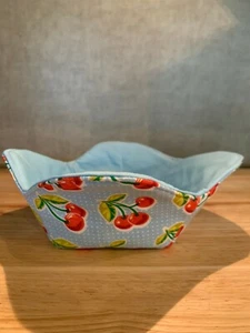 Handmade Quilted Cherries on Sky Blue Reversible Microwave Bowl Cozy New - Picture 1 of 4