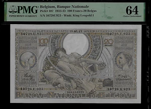 Belgium 100 Francs 1933-43 PMG 64 UNC P#107 Banque Nationale King Leopold I - Picture 1 of 3