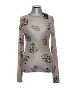 Blusa mujer ROCHAS PARIS manga larga camisa beige tela de malla logotipo estampado ¡NUEVA ETIQUETA! - Imagen 1 de 8