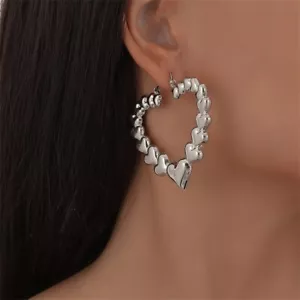 Silver Big Heart Hoop Bamboo Earrings, Cute Love, Great Gift - Picture 1 of 3