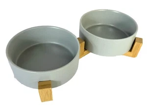 Duo Napf für Hunde & Katzen Futterstation Keramik & Bambus 2x 400ml Grau NEU OVP - Bild 1 von 5
