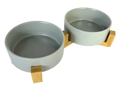 Duo Napf für Hunde & Katzen Futterstation Keramik & Bambus 2x 400ml Grau NEU OVP - Bild 1 von 4