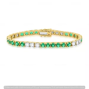 3 CT I2 H Diamond & Natural Emerald Tennis Bracelet Solid 14K Yellow Gold 7 inch - Picture 1 of 4
