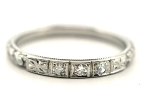 Vintage Art Deco 18k White Gold Diamonds Stackable / Wedding Ring Carved Flowers - Picture 1 of 13