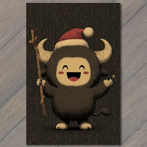 Art Print Cute Krampus Creature Santa Hat Horns Staff Brown Cartoon Christmas Ho - Picture 1 of 1