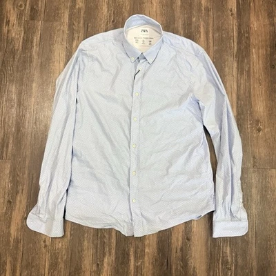 Camisa Zara Hombre Calce Relajado Abotonada M Azul Micro Punto Elastizada Colección 3X Foto 1 de 4
