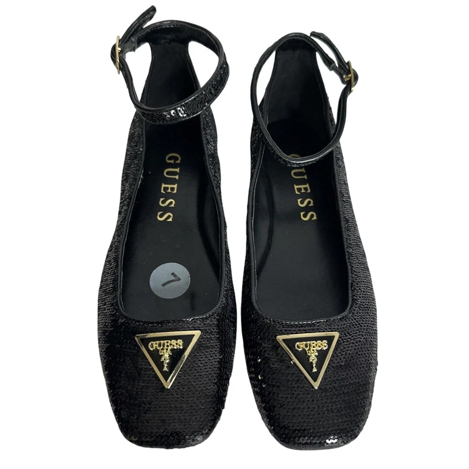 Guess Negro Lentejuelas Correa Tobillo Ballet Pisos 7 M NUEVO Foto 1 de 4