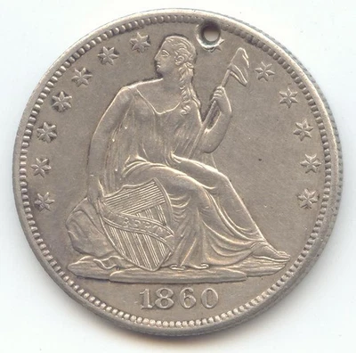 1860-O Seated Liberty Half Dollar, Lustrous AU-Unc Details, Hole - Image 1 of 2