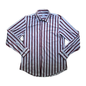 Zara Button Up Shirt Striped White/Red Mens L Slim Fit Silky Long Sleeve - Picture 1 of 10