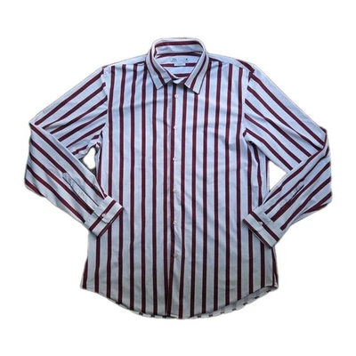 Zara Button Up Shirt Striped White/Red Mens L Slim Fit Silky Long Sleeve - Image 1 of 4