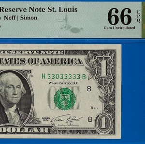 1974 $1 Federal Reserve Note PMG 66EPQ - Near Solid Serial Number 33033333 - Picture 1 of 4