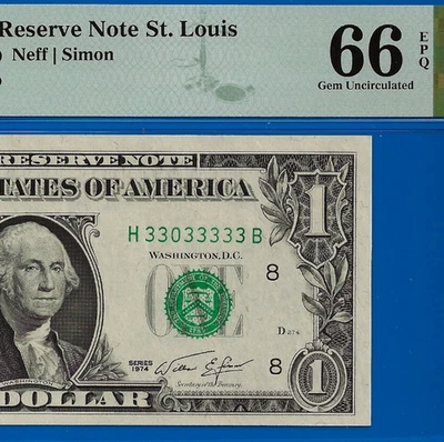 1974 $1 Federal Reserve Note PMG 66EPQ - Near Solid Serial Number 33033333 - Image 1 of 4