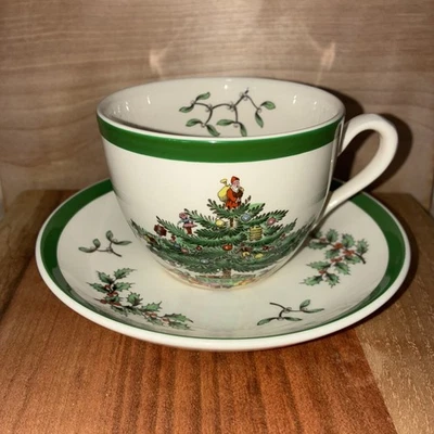 Spode Christmas Tree Pattern England Coffee Tea Cup and Saucer Santa - S3324U - Image 1 of 4