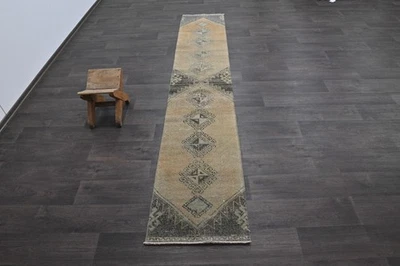 Alfombra de corredor turca vintage 2x9 pies lana anatolia hecha a mano pasillo Oushak BEIGE Foto 1 de 4