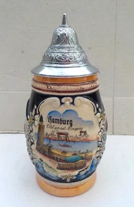 Alter Keramik Andenken Bierkrug Zinndeckel Hamburg(Alter)Elbtunnel mit Eingang - Bild 1 von 10