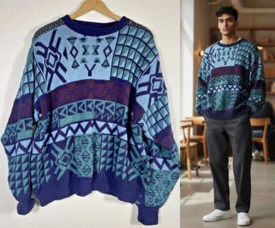 Suéter Towncraft Talla Grande Para Hombre Azul Púrpura Geométrico Cabincore Esquí Años 80 90 Foto 1 de 4