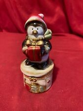 Christmas Ceramic Sweet Glazed Penguin Jewelry Trinket Box Hinged Lid w Present