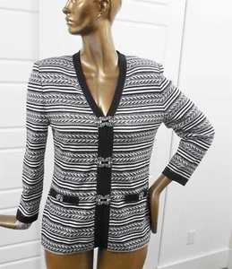 St John Evening sz 12 Black Silver Knit Jeweled Paillette Full Zip Jacket USA - Picture 1 of 5