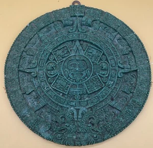 Maya/Azzteken Kalender Kunst Medaillon Wandrelief zerkleinerter Malachit 11,5" Vintage - Bild 1 von 6