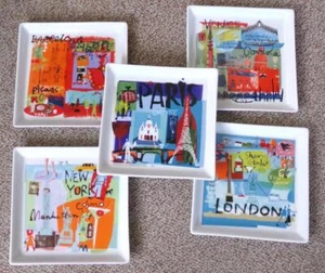 Crate and Barrel City Travel Scenes Set of Five 6" X 6" Square Plates - Picture 1 of 1