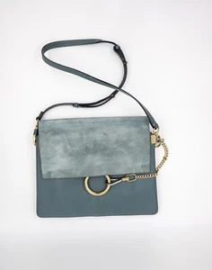 Chloe Faye Shoulder Bag Leather Suede-trimmed Cloudy Blue Adjustable Chain-Link - Picture 1 of 13
