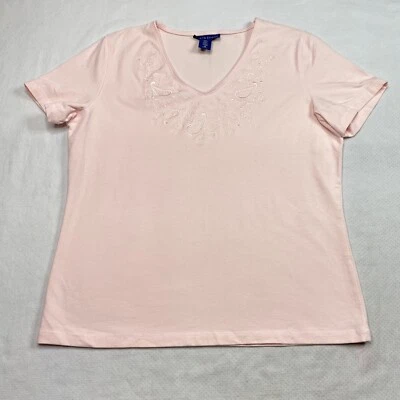 Karen Scott Womens Top sz M Pink Short Sleeve V Neck Embroidered Paisley Stretch - Image 1 of 4