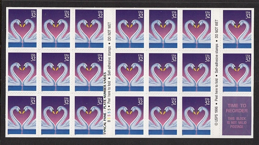 1994 Love Swan Sc 3123a  MINT 32c booklet of 20, plate number B5555 - Image 1 of 1