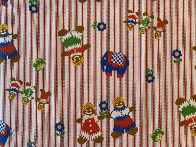 1 yd Vtg Novelty Juvenile Fabric GINGERBREAD FAMILY red ticking stripe Elephant - Изображение 1 из 4